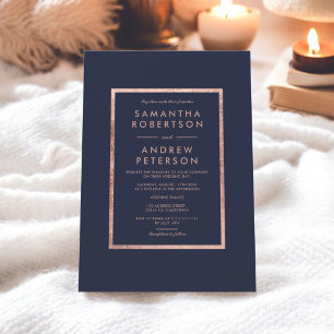 Invitation Elégant cadre rose or bleu marine mariage