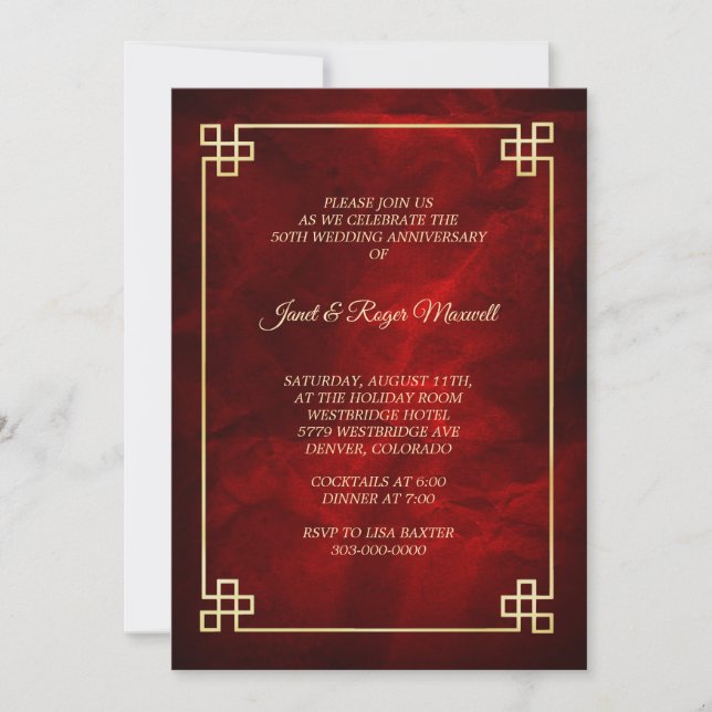 Invitation Elégant cadre rouge or 50e anniversaire (Devant)