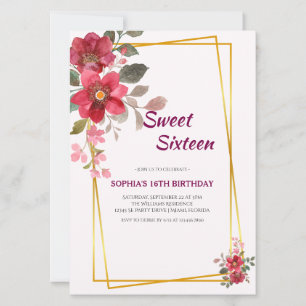 Invitation Elégant cadre rouge Sweet sixteen Floral Or