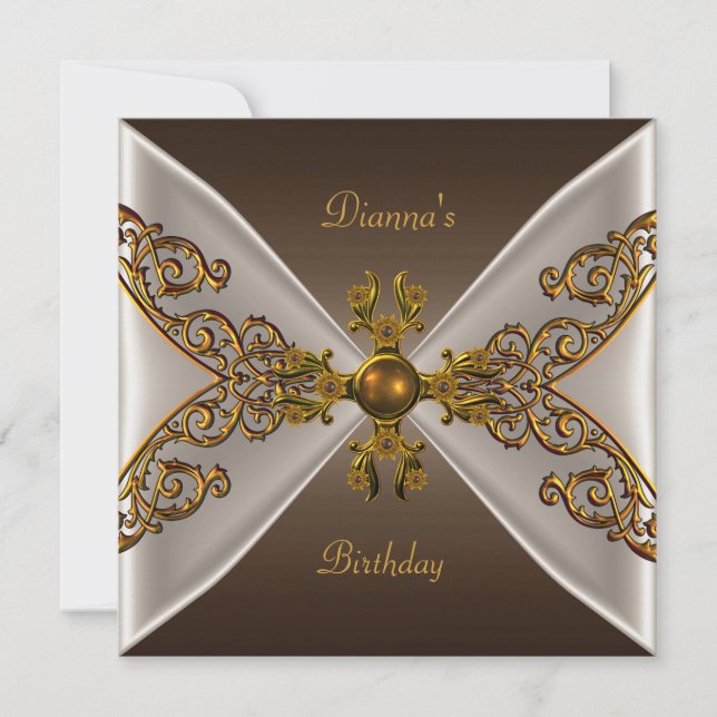 Invitation Elégant café d'anniversaire Brown Vieux bijou d'or (Devant)