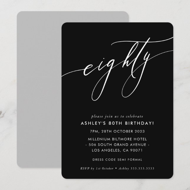 Invitation ELEGANT Calligraphie chic 80e anniversaire noir bl (Devant / Derrière)