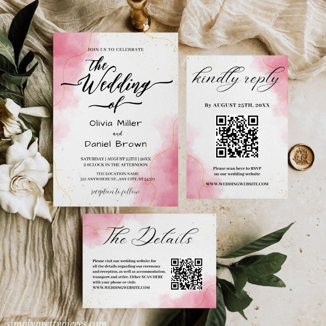 Invitation Elegant Calligraphy Modern pink Watercolor Wedding (Créateur téléchargé)