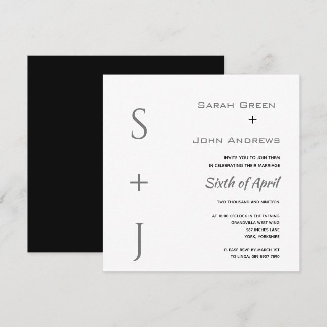 Invitation Élégant Carré Mariage blanc noir gris (Devant / Derrière)