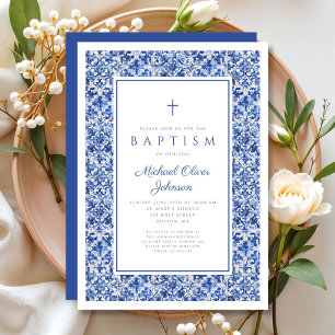 Invitation Elégant Carreaux Bleus Croix Religieux Boy Baptême