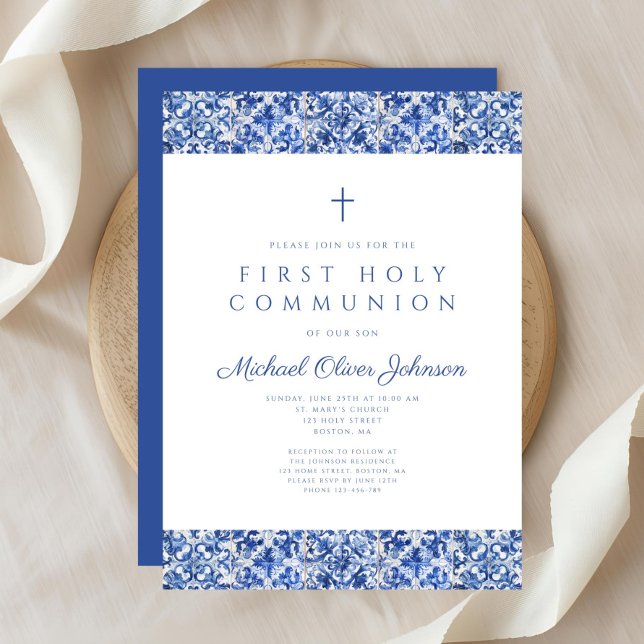 Invitation Elégant Carreaux Bleus Garçon Première Communion (Elegant Blue Tiles Boy First Communion Invitation)