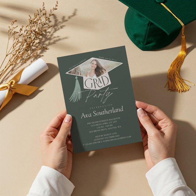 Invitation Élégant Casquette de 2e année et Tassel Photo Grad (Elegant Grad Cap & Tassel Photo Graduation Party Invitation)