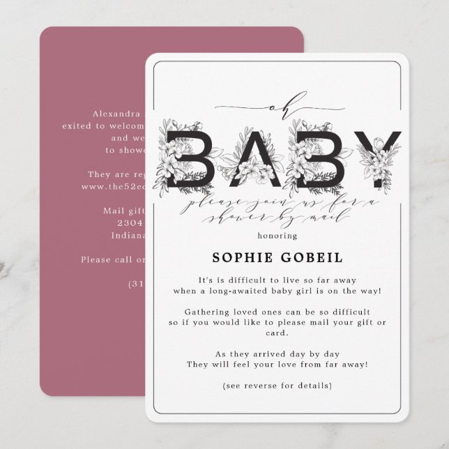 Invitation Élégant Cassis Purple Floral Par Baby shower Mail (Devant / Derrière)