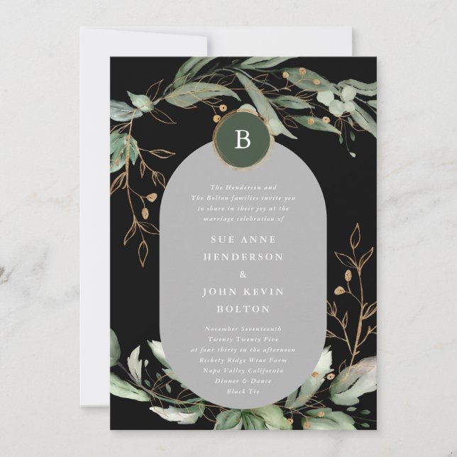 Invitation Elégant Cercles d'or Eucalyptus Boho Moss Green (Devant)