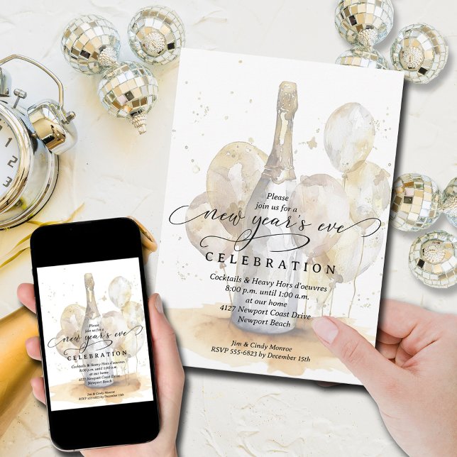 Invitation Elegant Champagne and Balloons New Year's Eve (Champagne bottle and gold balloons New Year's Eve party invitations, PRINTED and/or INSTANT DOWNLOAD)