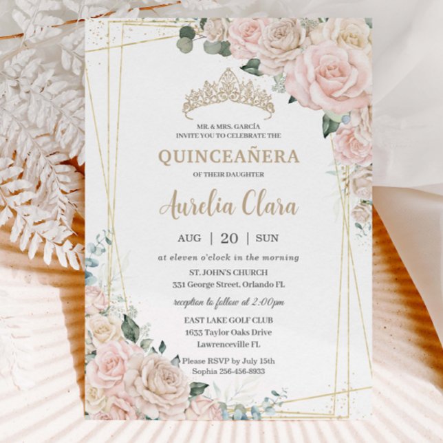 Invitation Elégant Champagne Blush ivoire Floral Quinceañera (Créateur téléchargé)