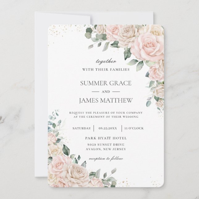 Invitation Élégant Champagne Blush ivoire Floral Rose Mariage (Devant)