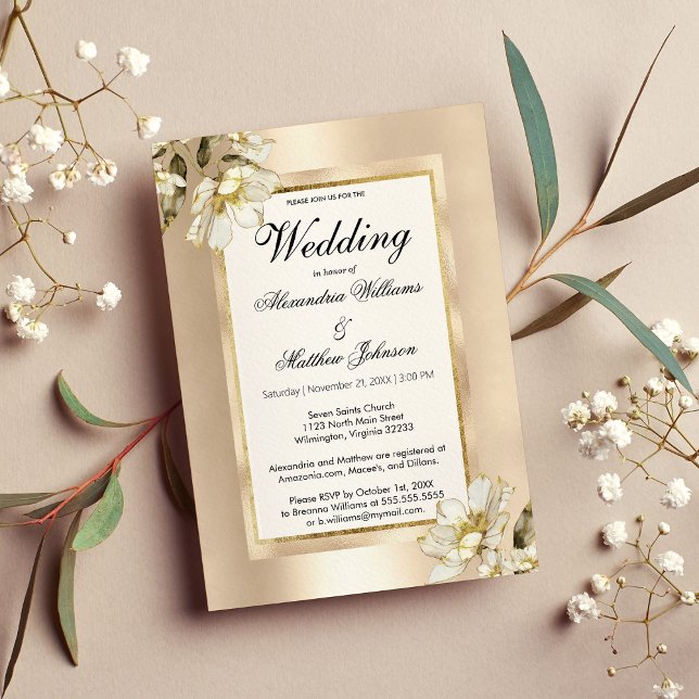 Invitation Elégant champagne de glamour blanc Mariage or flor (Elegant white glam champagne gold floral Wedding)