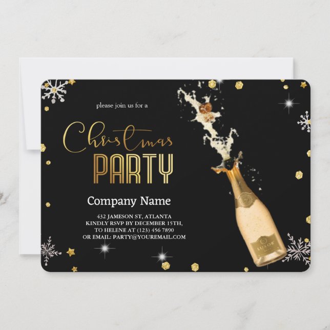 Invitation Elégant Champagne de luxe de Noël noir (Devant)