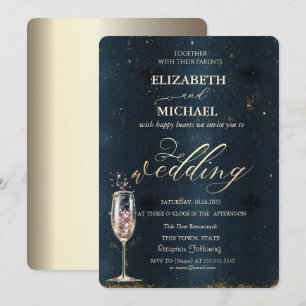 Invitation Elégant Champagne d'or Verre Mariage bleu foncé