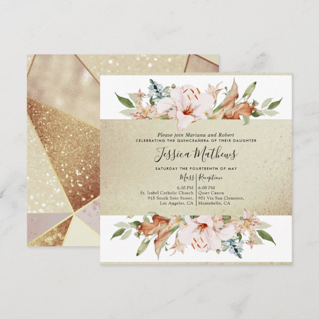 Invitation Elégant Champagne Or Floral Quinceañera (Devant / Derrière)