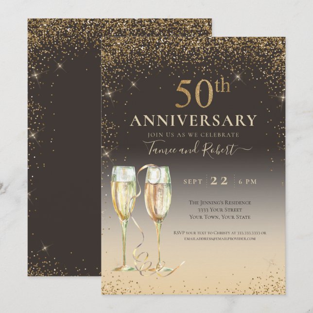 Invitation Elégant Champagne Parties scintillant d'or 50e ann (Devant / Derrière)