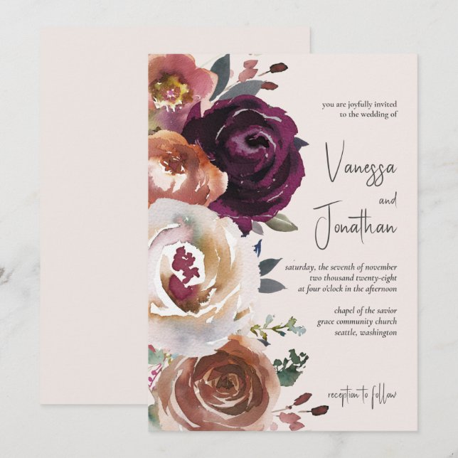 Invitation Elégant Champagne Purple & Rosewood Floral Mariage (Devant / Derrière)