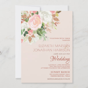 Invitation Élégant Champagne rose pâle Mariage floral blanc