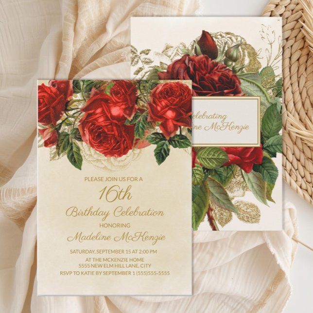 Invitation Elégant Champagne Roses Rouges 16e anniversaire (Elegant red roses on cream 16th birthday party invitation)