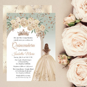 Invitation Élégant Champagne   Sage Floral Quinceañera Party
