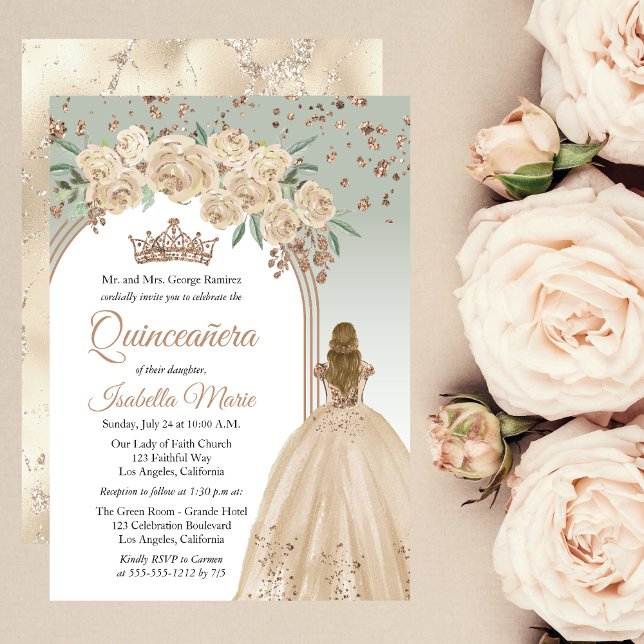 Invitation Élégant Champagne | Sage Floral Quinceañera Party (Elegant Champagne Color and Sage Green Faux Rose Gold Glitter Golden-Hair Quinceañera Invitation)