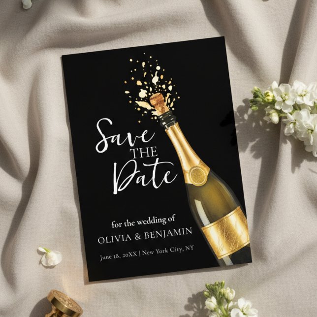 Invitation Elegant Champagne Save the Date Wedding (An elegant black and gold Save the Date design featuring a popping champagne bottle)