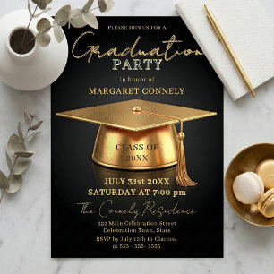Invitation Élégant Chapeau 3D Noir & Or Fête de Remise des Di