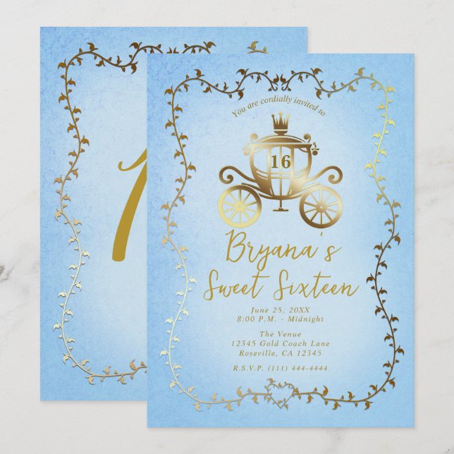 Invitation Elégant chariot or bleu livre de conte Sweet 16 (Devant / Derrière)