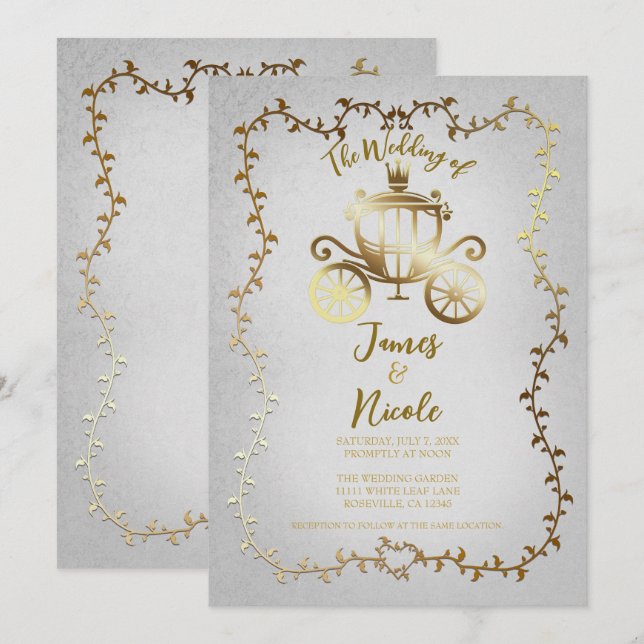 Invitation Elégant chariot or Livre blanc Mariage (Devant / Derrière)