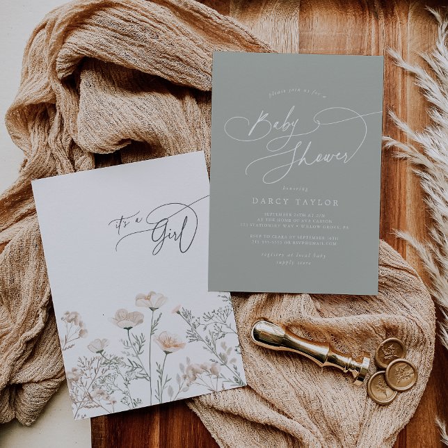 Invitation Élégant charme Sage Green Baby shower Fleur sauvag (Elegant Charm Sage Green Wildflower Baby Shower Invitation)