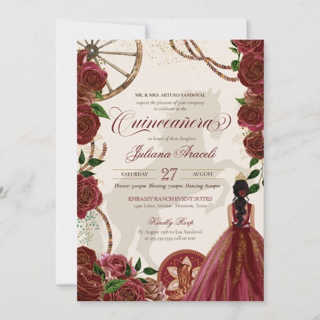 Invitation Élégant Charro Bourgogne Rose Quinceanera Occident (Devant)