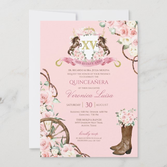 Invitation Elégant Charro Quinceanera blanc rose floral Invit (Devant)