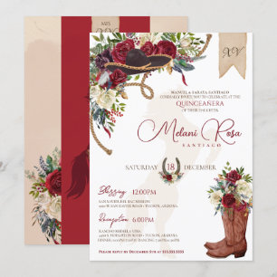 Invitation Élégant Charro Quinceanera d'hiver floral bordeaux