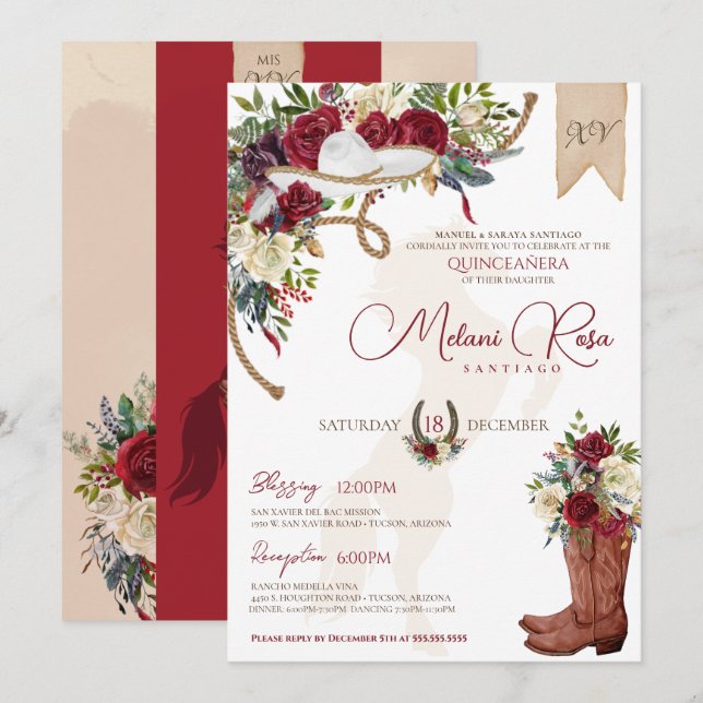 Invitation Élégant Charro Quinceanera d'hiver floral bordeaux (Devant / Derrière)