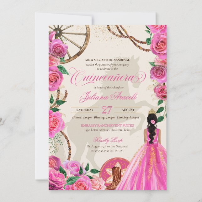 Invitation Elégant Charro Rose Rose Ranch Occidental Quincean (Devant)