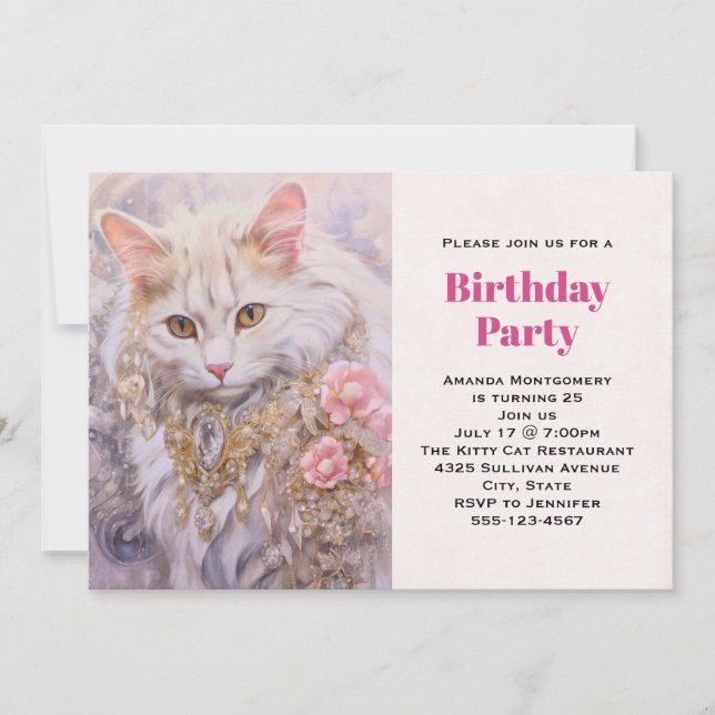 Invitation Élégant chat blanc en or et diamants Anniversaire (Devant)