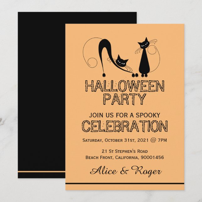 Invitation Élégant chat noir, fête d'Halloween (Devant / Derrière)