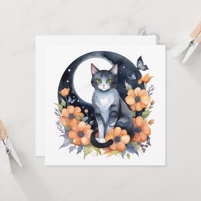 Invitation Élégant Chat noir Floral Moon Art Amoureux des cha (Devant/Arrière en situation)