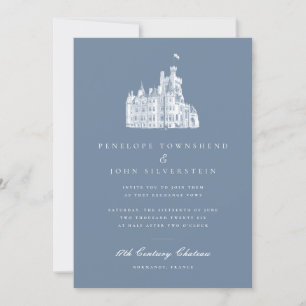 Invitation Elégant Château Illustration Mariage bleu français
