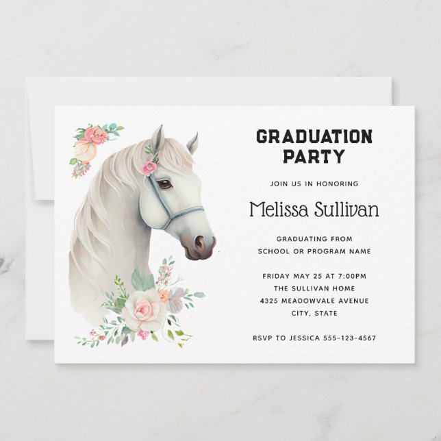 Invitation Élégant Cheval Blanc Boho Floral Graduation (Devant)