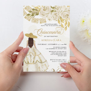 Invitation Élégant Cheval Floral d'or ivoire Quinceañera
