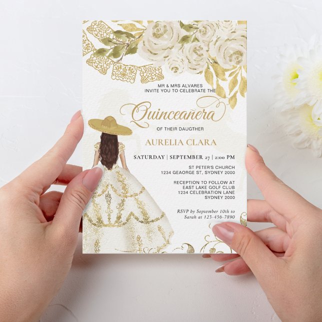 Invitation Élégant Cheval Floral d'or ivoire Quinceañera (Créateur téléchargé)