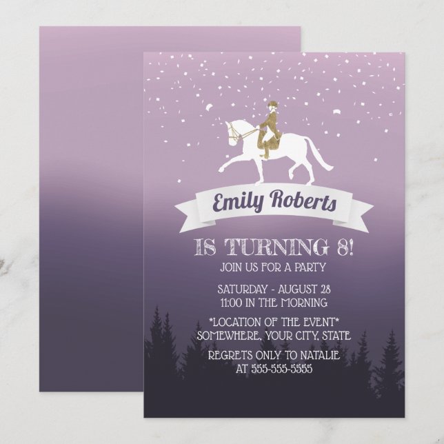 Invitation Élégant cheval violet équitation Cheval Anniversai (Devant / Derrière)