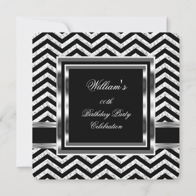 Invitation Elégant Chevron Black Silver Hommes de fête d'anni (Devant)