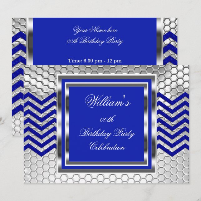 Invitation Elégant Chevron Blue Silver Hommes de fête d'anniv (Devant / Derrière)
