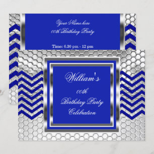 Invitation Elégant Chevron Blue Silver Hommes de fête d'anniv