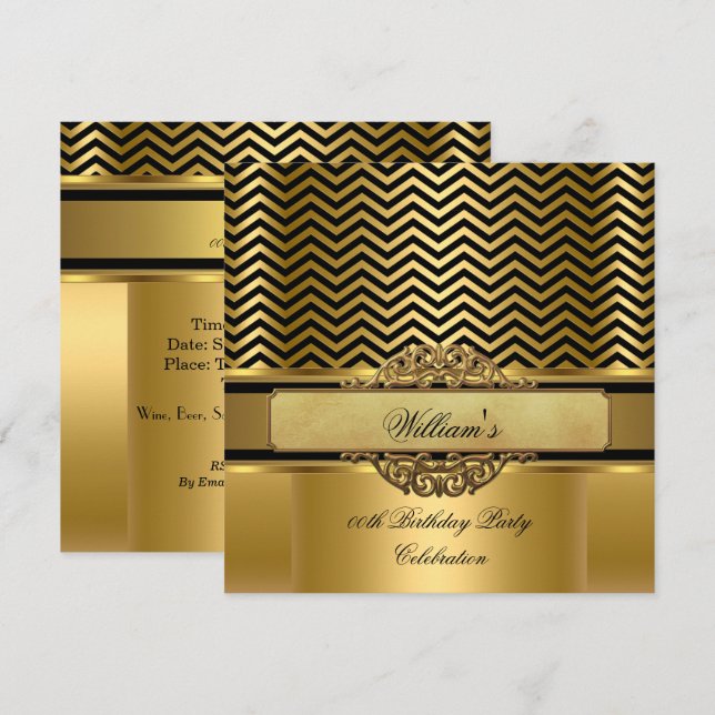 Invitation Elégant Chevron Gold Black Stripe Anniversaire (Devant / Derrière)