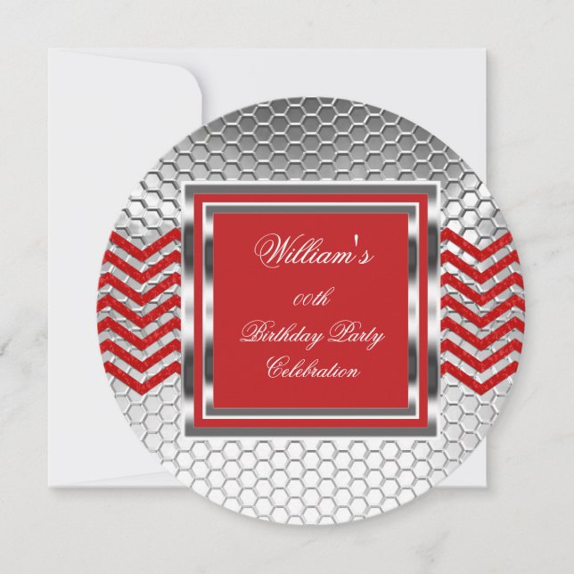 Invitation Elégant Chevron Red Silver Birthday Party Mens (Devant)