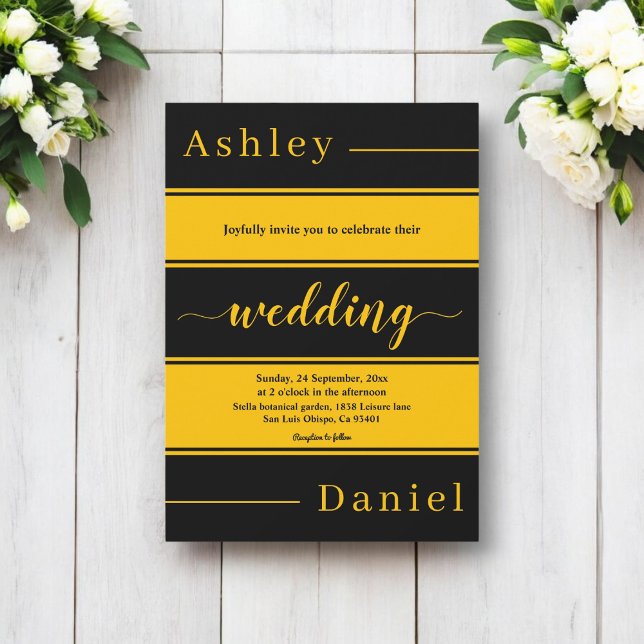 Invitation Elégant Chic Black And Gold Stripes Mariage de lux (Créateur téléchargé)