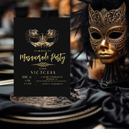 Invitation Elégant Chic Black Gold Masquerade fête d'annivers